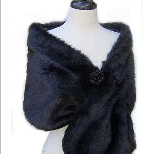 SACASUSA Black Faux Fur Shawl Beaded Embellishment